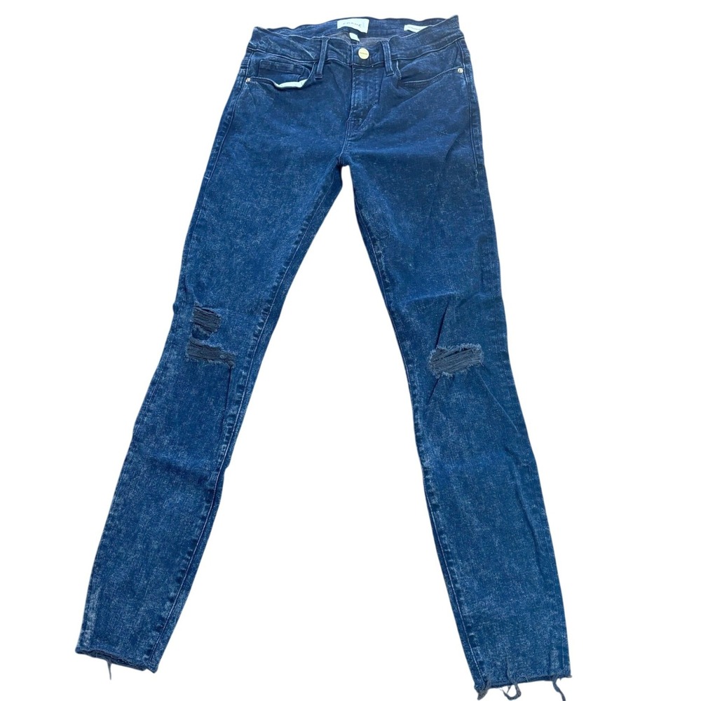 Frame Le Skinny de Jeanne Acid Wash Jeans Blue Distressed Raw Hem 28